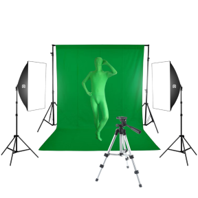 Green Screen Pakke med Stor Grøn Fotobaggrund, Softboxe, Tripod og Dragt 