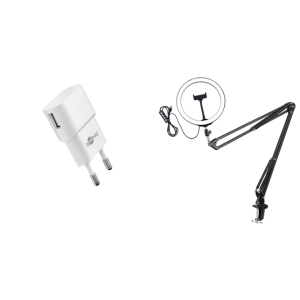 Pakke m. USB Oplader til Stikkontakt til fx. iPhone, Samsung & iPad & Stor Ring Light til Mobil med Stativarm Ø 26 cm