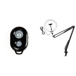 Pakke m. Bluetooth Udløser til Selfie Stang / Mobilkamera & Stor Ring Light til Mobil med Stativarm Ø 26 cm