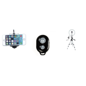 Pakke m. Smartphone Holder & Bluetooth Udløser til Selfie Stang / Mobilkamera & Selfie Ring Light på Stativ - Stor