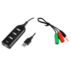 Pakke m. USB Hub m/ 4 Port & Audio 3.5mm Splitter - Adapter til Ps4 Headset