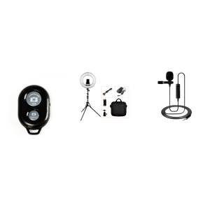 Pakke m. Bluetooth Udløser til Selfie Stang / Mobilkamera & XXL Stort Ring Light med Stativ & Clip-On Mikrofon m/ 6 m Kabel til Smartphones & Kamera