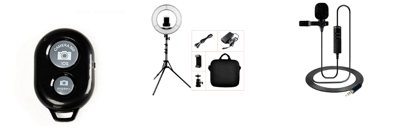 → Pakke m. Bluetooth Udløser til Selfie Stang / Mobilkamera & XXL Stort Light med Stativ & Mikrofon m/ 6 m Kabel til Smartphones & Kamera